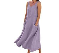 Robe Longue Femme Ete Lin Coton Col Rond sans Manches avec Poches Robes ÉTé Pas Cher Grande Taille Maxi Robe Ample Couleur Unie BohèMe Mi-Longue Dress pour FêTer Vacances Plage SoiréE Mariage