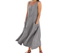 Robe Longue Femme Ete sans Manche Col en V Robe de Plage avec Poches Grande Taille Chic et Elegant Couleur Unie Coton Lin Robes Décontracté Respirant Confortable Vacances Débardeur Robes