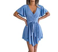 Robe Longue Femme ete - Womens Sexy V Neck Ruffle Short Sleeve Tie Waist Casual A Line Swing Mini Wrap Dress Robe De Soirée Longue