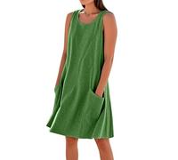 Robe Longue Femme Grande Taille D'été Robe Lin Plage Courte sans Manches Vetement Femme Ete Coton Chemise Col Rond Summer Dress Vente Flash du Jour Et Soldes Vert XXL