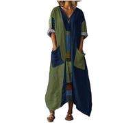Robe Longue Femme Grande Taille en Lin, Style Bohème Chic avec Poches et Bas Irrégulier, Col V Manches 3/4 Imprimé Géométrique, Robe Maxi Fluide Ample pour Vacances Plage Voyage Quotidien