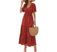 Robe Longue Femme Grande Taille Été Robe Boheme Fluide Courte Manches Courtes Vetement Femme Ete Lin Coton col en V Summer Dress Vente Flash du Jour Et Soldes Rouge XL