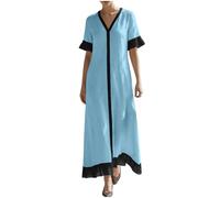 Robe Longue Femme Lin Manche Courte Col V Ample Fluide Décontractée Chic