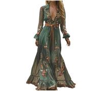 Robe Longue Femme Rétro- Robe Sexy Chic Col en V Et Manches Longues Pretty De Style Pastoral Fleurs Boheme Taille Haute Baggy Vacances Plage Banquet Chic Et Elegan d'automne Ete