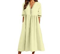 Robe Longue Femme, Robe Imitant Le Lin-Coton Uni, Robes Col V à Volants Manches Courtes Avec Taille RelevéE, Pour Quotidien Et Rendez-Vous, Confortable Et Flatteuse, AdaptéE Aux Femmes Adultes