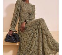Robe longue femme style maxi à volants, en tissu de dentelle brossé vert militaire élégant et romantique, nouvelle collection automne-hiver 2025. Convient pour les sorties, concerts, Halloween, Noël,