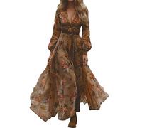 Robe Longue Femme Vintage- Robe De Soiree Col en V Manches Longues Imprimé Floral Sexy Robes Chic Et éLéGant Taille Haute LéGer Fluide Grande Taille Slim Fit De Plage Voyage Vacances Dress