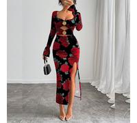 Robe longue fendue à manches longues avec col en forme de cœur ajouré, imprimé floral dispersé romantique. Ajustée et près du corps. Élégante et appropriée pour les rendez-vous, la Saint-Valentin, les