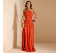 Robe longue fendue sexy pour femmes avec encolure ras-du-cou, paillettes, broderie, maille et ourlet ample. Tenue idéale pour les vacances à l'île, la lune de miel, les sorties d'été et les fêtes. Rob