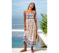 Robe longue florale heure dorée à col carré Bleu marine M