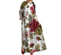 Robe longue florale pour femme | Robe de plage décontractée surdimensionnée à manches 3/4 et col rond, Fleur - Rouge, 4XL
