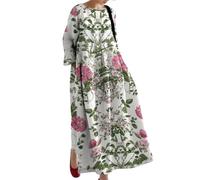 Robe longue florale pour femme | Robe de plage décontractée surdimensionnée à manches 3/4 et col rond, Vert/fleur, 5XL