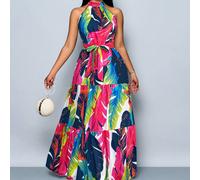 Robe longue fluide à imprimé floral tout-sur-tout, style licou avec ceinture, pour les vacances L,M,S,XL,XXLÉtoffe