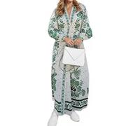 Robe longue fluide à manches lanterne et col polo pour femme - Robe longue fluide décontractée vintage style bohème, pour fêtes d'automne et sorties (col en V, vert 01, taille XL)