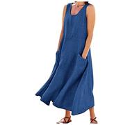 Robe Longue Fluide,Coton Et Lin Longue sans Manches Décontractée À Col Rond Élégante Débardeur Boho De Plage avec Poches（03-Bleu,M）