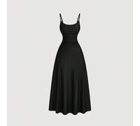 Robe longue fluide pour femmes grandes tailles, couleur unie, taille froncée, ourlet évasé, bretelles spaghetti. Robe semi-formelle, élégante pour thé, tenue de croisière. Robe midi noire 0XL,1XL,2XL,