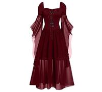 Robe longue gothique pour femme - Manches chauve-souris - Vampire médiévale - Avec lacets - En maille - Patchwork - Robe de sorcière - Épaules dénudées - Rétro - Sorcière - Pour Halloween, carnaval