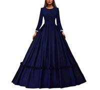 Robe longue historique pour femme de style pionnier - Robe longue en coton avec volants et boutons - Costume victorien ou western, Style_y01 Bleu, XXL