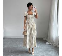 Robe longue imprimée à pois noirs et abricot, avec encolure carrée, manches courtes, taille froncée et jupe pleine. Style français, décontracté et élégant, idéal pour l'académie, les vacances, les réu