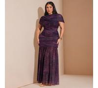 Robe longue imprimée de style cache-cœur pour femmes grandes tailles, Robe maxi élégante violette froncée à col O avec manches transparentes, Robe maxi tie-dye avec superposition de maille et ourlet s