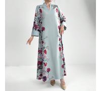 Robe longue imprimée pour femme avec manches évasées et col cranté, ornée d'un motif floral, idéale pour le printemps et l'été. Robe longue modeste de style arabe, Robe casual à manches longues L,M,S,