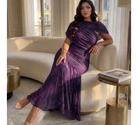 Robe longue imprimée style cache-cœur pour femmes grandes tailles, robe maxi élégante violette froncée col rond avec manches transparentes, robe d'été en maille tie-dye pour femmes 0XL,1XL,2XL,3XL,4XL