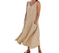 Robe Longue Lin Femme éTé Fluide,Robe Femme Grande Taille Chic Et Elegant sans Manches Robe Débardeur Longue Boheme avec Poches Pas Cher Casual Léger Couleur Unie Vacances Maxi Robes