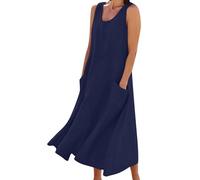 Robe Longue Lin Femme éTé Fluide,Robe Femme Grande Taille Chic Et Elegant sans Manches Robe Débardeur Longue Boheme avec Poches Pas Cher Casual Léger Couleur Unie Vacances Maxi Robes