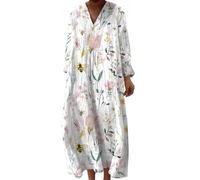 Robe Longue Lin Plissée Femme Manche Longue Bohème Col en V Robe de Soirée Chic et Élégante Imprimé Floral Robes de Plage Automne Hiver Décontractée Maxi Dress Vintage Fluide Coupe Droite Ample Mode