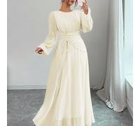 Robe longue maxi à manches longues, col rond, taille froncée avec cordon, taille élastique, pour femmes. Style romantique français, élégant et décontracté, idéal pour le travail, les vacances, le thé