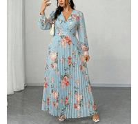 Robe longue maxi à manches longues, col V, plissée et fluide, avec imprimé floral romantique. Convient pour les grandes tailles, les vacances printemps/été, les fêtes élégantes, les mariages en tant q