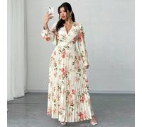 Robe longue maxi à manches longues, col V, plissée et fluide, avec imprimé floral romantique. Convient pour les grandes tailles, les vacances printemps/été, les fêtes élégantes, les mariages en tant q