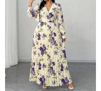 Robe longue maxi à manches longues, col V, plissée et fluide, avec imprimé floral romantique. Convient pour les grandes tailles, les vacances printemps/été, les fêtes élégantes, les mariages en tant q