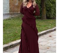 Robe longue maxi à manches longues et volants romantique d'automne, élégante pour les sorties, les voyages, la détente automnale. Convient pour la Saint-Valentin, avec des nœuds. Robes élégantes pour 