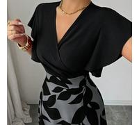 Robe longue maxi élégante pour femme grande taille, color block, imprimé feuilles, cache-cœur, col en V, volants, manches courtes, taille haute, coupe trapèze, pour l'été, le quotidien, les sorties et