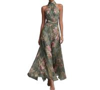 Robe Longue Maxi Femme Col Licou Imprimé Floral Taille Ceinturée sans Manches Tissu Fluide Élégante pour Mariage Invité Cocktail Cérémonie Bal Été Tenue Bohème Grande Taille S à XL