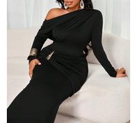 Robe longue maxi noire à une épaule et manches longues pour début d'automne, taille froncée avec décoration métallique, robe de soirée amincissante et élégante respirante, convient pour les invités de