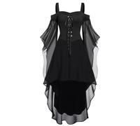 Robe longue médiévale pour femme - À manches trompette - Style gothique - Épaules dénudées - En maille - Patchwork - Avec ourlet irrégulier - Robe de vampire - Costume de vampire - Pour Halloween