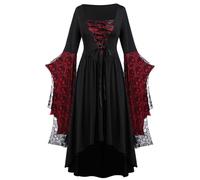 Robe longue médiévale pour femme - Manches chauve-souris - Robe de Renaissance pour femme - Avec lacets - Robe de sorcière avec ourlet irrégulier - Robe de fête gothique sexy - Costume de carnaval
