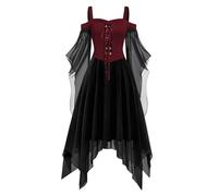 Robe longue médiévale pour femme - Manches chauve-souris - Robe de Renaissance pour femme - Épaules dénudées - Robe de sorcière gothique avec ourlet irrégulier - Robe de vampire à lacets - Robe