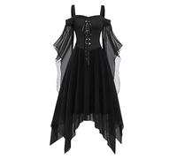 Robe longue médiévale pour femme - Manches chauve-souris - Robe de Renaissance pour femme - Épaules dénudées - Robe de sorcière gothique avec ourlet irrégulier - Robe de vampire à lacets - Robe