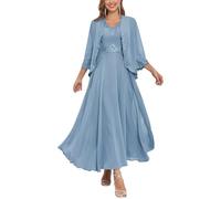 Robe longue mère de la mariée pour femme avec veste 2 pièces en mousseline de soie formelle robe d'invité de mariage, Bleu poudré, 54 Grande taille