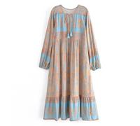 Robe longue mi-longue bohème pour femme, robe d'été à manches longues, motif floral, décontracté, hippie, bohème, fluide de maternité, ample, Bleu noisette, L