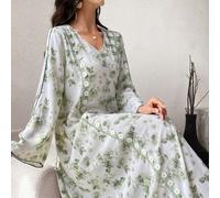 Robe longue modeste arabe à manches longues, imprimé aléatoire et simple, pour un usage quotidien pour femme L,M,S,XLFloral,Plantes,Tout ImpriméTissu tissé