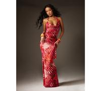 Robe longue moulante à col ras-du-cou avec nœud devant, imprimé floral tropical avec accent en forme d'étoile de mer dorée, sans manches, robe de soirée L,M,S,XL,XS,XXL,XXS,XXXL,XXXXLPlantesTulle