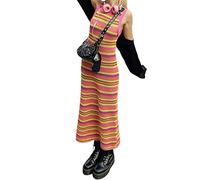 Robe longue moulante ajourée en tricot avec bretelles spaghetti et découpe sans manches dos nu coupe ajustée, C02 - Rayures colorées, Taille S