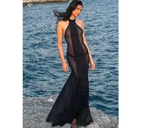 Robe longue moulante élégante pour femme, style patchwork en maille, dos nu, taille haute, col licou, pour soirée de bal de minuit noir