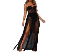 Robe Longue Moulante en Maille Transparente pour Femme avec Fente sur Le côté et Lingerie intégrée (FR/ES, Alpha/Lettres, L, Taille Normale, Taille Normale, Noir)