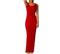 Robe longue moulante sans manches et col rond pour femme, Rouge, XL