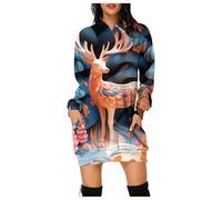 Robe Longue Noël Femme Mode Automne Hiver Noël Imprimé Cerf Sacré Col Rond Manches Longues Poche Capuche Casual Jupe, bleu, XXL